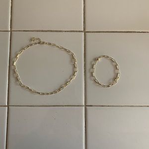 14K Gold Paperclip Link Chain Necklace+Bracelet